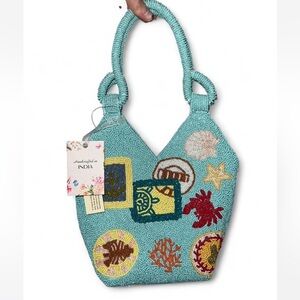 Viral Teal Beachy Crab Seashell Beaded Handbag Made in India